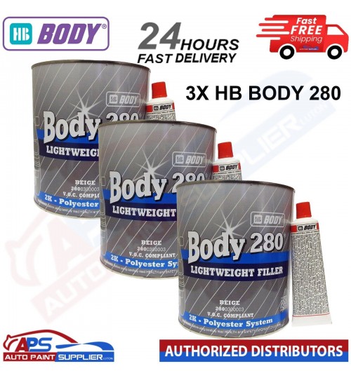 3 x HB Body 3 Litre Bodyfiller HB280 Beige Lightweight 2K - FAST DELIVERY